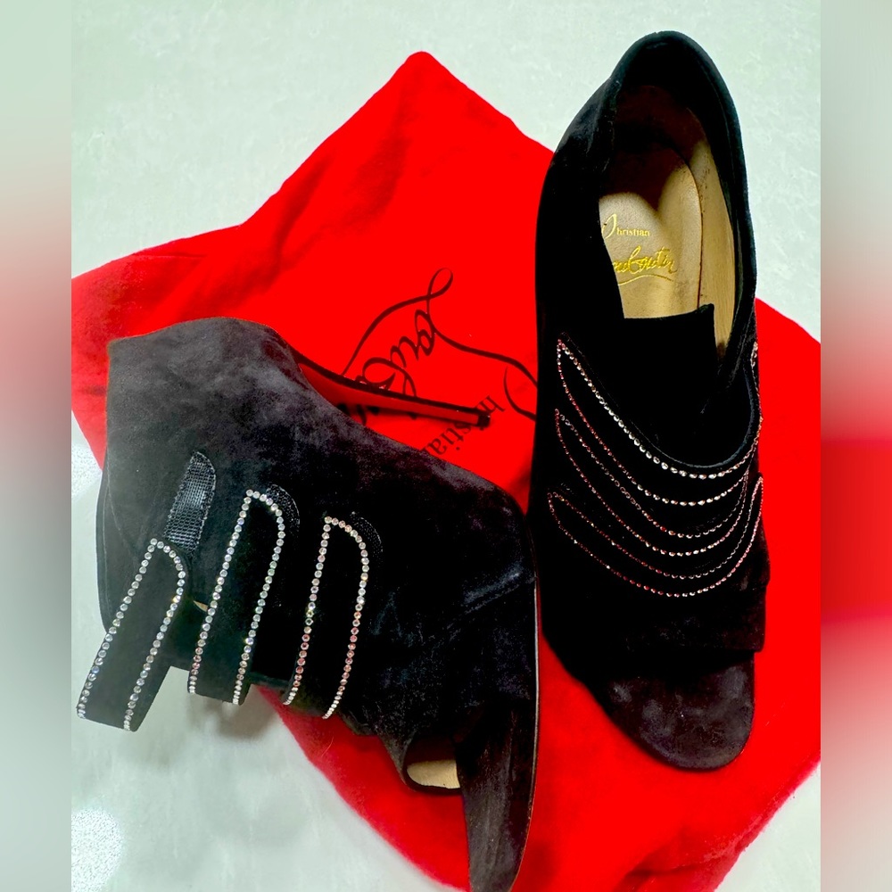Christian Louboutin black suede open toe heels with rhinestone straps